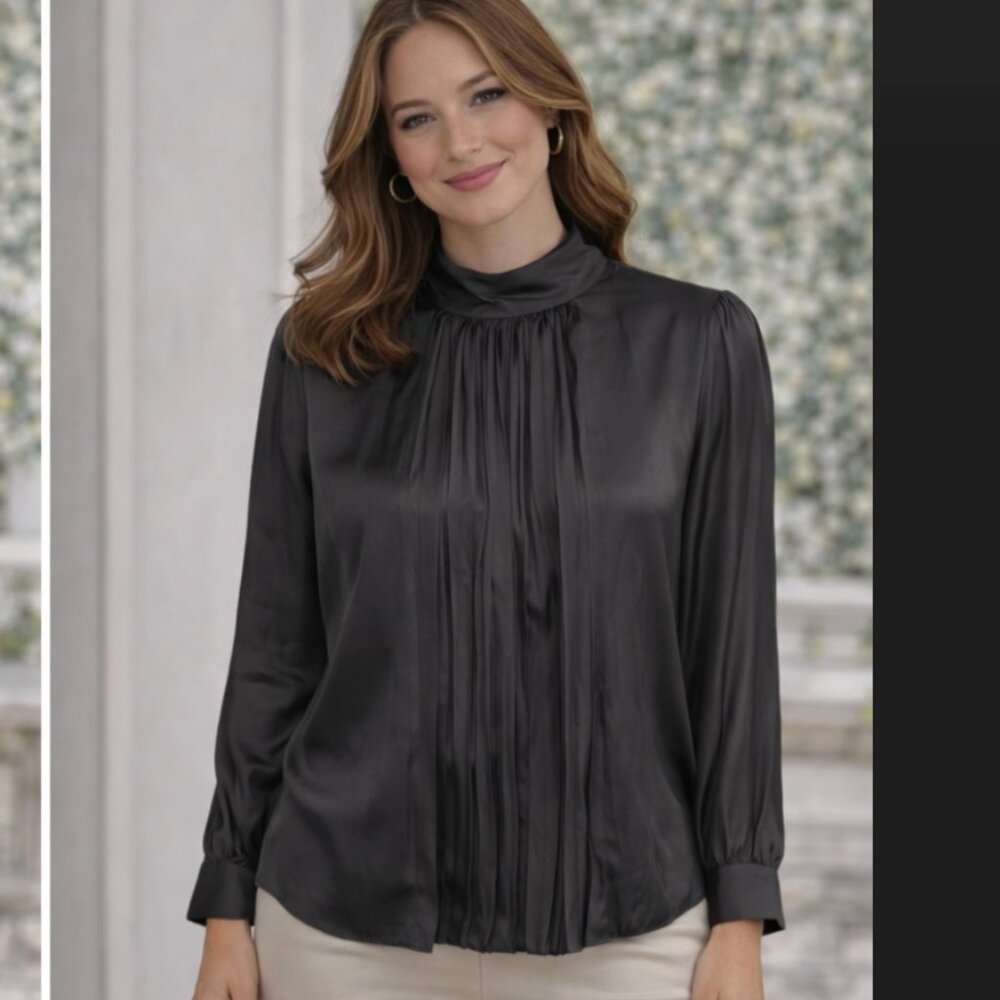 NWT Massimo Dutti Mock Neck Pleated Blouse Satin Small Black Longsleeve